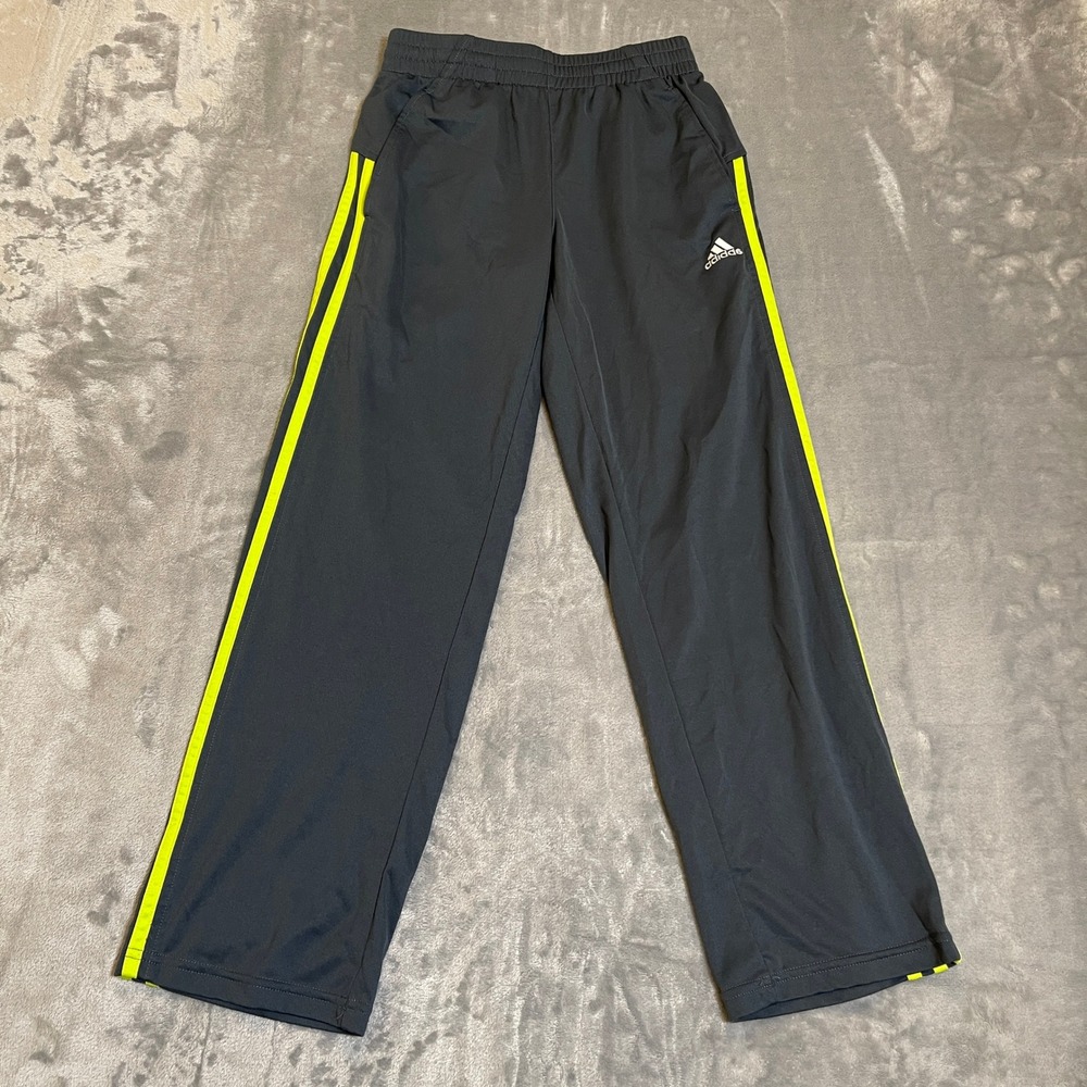 Kids Adidas Athletic Track Pants Gray Neon Yellow‎ Stripes Joggers Size M